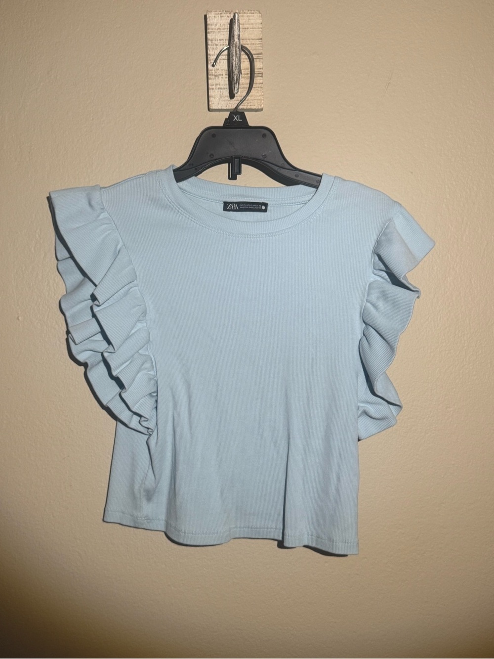 ZARA Pale Blue Ruffle Sleeve Short Sleeve Top